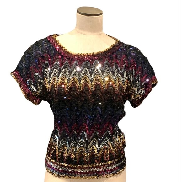 Sequin Top Short Sleeve Jewel Tone Gold Silver Sz M/L Party Holiday Fancy 206G - Picture 1 of 4